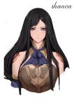  1girl bangs bare_shoulders black_hair blue_eyes blue_ribbon breastplate breasts castlevania castlevania:_order_of_ecclesia closed_mouth highres large_breasts laserflip long_hair looking_at_viewer neck_ribbon ribbon shanoa shoulder_tattoo simple_background swept_bangs tattoo very_long_hair white_background 