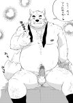  2020 anthro balls bed belly blush canid canine canis domestic_dog erection furniture genitals hi_res humanoid_hands japanese_text kemono male mammal monochrome moobs nipples overweight overweight_anthro overweight_male penis shintatokoro sitting solo text 