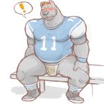 1:1 2015 anthro balls beard bench blush canid canine canis clothing dirty_underwear domestic_dog facial_hair football_player footwear genitals green_eyes hyenaface jockstrap male mammal muscular muscular_anthro muscular_male shoes simple_background sitting socks solo speech_bubble underwear white_background 