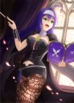  1girl :d ahoge bangs black_cape black_shorts blue_hair book breasts byleth_(fire_emblem) byleth_(fire_emblem)_(female) byleth_(fire_emblem)_(female)_(cosplay) cape cleavage cosplay fire_emblem fire_emblem:_path_of_radiance fire_emblem:_three_houses floating_hair green_eyes hair_between_eyes hair_intakes headband holding indoors legwear_under_shorts long_hair medium_breasts mia_(fire_emblem) midriff navel open_book open_mouth pantyhose ryuusaki_rei shiny shiny_hair short_shorts shorts smile solo standing stomach strapless very_long_hair white_headband 