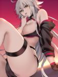  1girl ahoge bangs bare_shoulders bikini black_bikini black_gloves black_jacket breasts choker cleavage fate/grand_order fate_(series) gloves highres jacket jeanne_d&#039;arc_(alter_swimsuit_berserker) jeanne_d&#039;arc_(fate)_(all) large_breasts long_hair long_sleeves looking_at_viewer off_shoulder pd_(pdpdlv1) shrug_(clothing) silver_hair swimsuit thigh_strap thighs very_long_hair yellow_eyes 