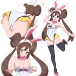  1girl :d animal_ears arm_up ass bangs black_legwear blush bow breasts breasts_outside brown_hair bunny_ears bunny_tail bunnysuit cleavage collarbone commentary_request detached_collar double_bun eyebrows_visible_through_hair hairband high_heels highres leotard leotard_pull long_hair looking_at_viewer multiple_views open_mouth pink_bow pink_footwear pokemon pokemon_(game) pokemon_bw2 pulled_by_self rosa_(pokemon) shiny shiny_skin sidelocks smile tail teeth thighhighs twintails wasabi-joyu white_hairband wrist_cuffs 