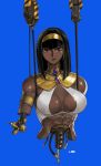  1girl abs absurdres android armlet black_hair blue_background breasts brown_eyes cable commentary_request commission dark_skin egyptian egyptian_clothes gem gold hanging highres large_breasts level-00 looking_at_viewer mechanical_parts medium_hair muscle muscular_female original shiny shiny_skin solo spine winch 