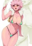  1girl absurdres areola_slip areolae ashido_mina bangs bare_shoulders bikini black_sclera blue_bikini blush boku_no_hero_academia breasts cleavage collarbone cropped_vest fur_collar highres horns large_areolae large_breasts looking_at_viewer minakami_(flyingman555) navel open_mouth pink_hair pink_skin pubic_hair pubic_hair_peek short_hair smile swimsuit thighs v vest yellow_eyes 