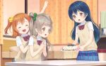  3girls arm_up bangs birthday_cake birthday_party blue_hair blush cake closed_eyes eichisu food grey_hair hair_between_eyes hair_ornament highres indoors kousaka_honoka long_hair love_live! love_live!_school_idol_project minami_kotori multiple_girls one_side_up orange_hair otonokizaka_school_uniform pleated_skirt red_neckwear school_uniform skirt sonoda_umi striped striped_neckwear summer_uniform 