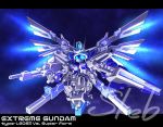  alternate_color blue_eyes character_name commission dual_wielding extreme_gundam_type_leo_ii_vs flying glowing glowing_eyes gun gundam gundam_exa gundam_exa_vs haiteku_reibou holding holding_gun holding_sword holding_weapon mecha mechanical_wings no_humans solo space sword v-fin watermark weapon wings 