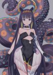  1girl absurdres bangs black_dress blunt_bangs choker dress flat_chest gloves halo highres hololive hololive_english holomyth looking_at_viewer mole natsuki_(natukituki) ninomae_ina&#039;nis pointy_ears purple_hair sidelocks simple_background solo tentacle_hair tentacles thighhighs virtual_youtuber wings 