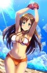  1girl armpits arms_up ass_visible_through_thighs bangs beach bikini blue_sky breasts brown_hair cleavage closed_mouth cloud collarbone cowboy_shot criss-cross_halter day eyebrows_visible_through_hair floating_hair grey_eyes hair_between_eyes halterneck himekawa_yuki idolmaster idolmaster_cinderella_girls long_hair looking_at_viewer mismatched_bikini ocean orange_bikini outdoors shiny shiny_hair sky smile solo standing sunlight swimsuit thigh_gap tongue tongue_out very_long_hair white_bikini z.nov 