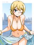  1girl blonde_hair blue_eyes blush border braid breasts cleavage closed_mouth collarbone covered_nipples darjeeling_(girls_und_panzer) eyebrows_visible_through_hair girls_und_panzer groin jewelry large_breasts looking_at_viewer navel necklace one_eye_closed oosaka_kanagawa sarong shiny shiny_clothes shiny_hair smile solo white_border wristband yokohama 