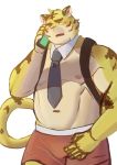  2020 anthro barazoku clothing felid hi_res humanoid_hands kemono kumamikan male mammal nipples pantherine phone simple_background solo tiger underwear white_background 