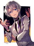  1boy :d bangs black_shirt blue_eyes border card dutch_angle edo_phoenix eyebrows_visible_through_hair hair_between_eyes holding holding_card jacket long_sleeves looking_at_viewer male_focus mikami_(mkm0v0) necktie open_mouth outside_border shiny shiny_hair shirt silver_hair smile solo white_border white_jacket white_neckwear yuu-gi-ou yuu-gi-ou_gx 