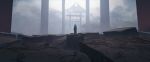  1girl absurdres asteroid_ill broken_ground fog from_behind highres iz_(asteroid_ill) long_hair mechanical_arm original outdoors ruins scenery solo standing torii very_long_hair very_wide_shot white_hair wide_shot 
