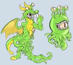  ambiguous_gender anthro beholder dragon eldritch_abomination eldritch_horror eyestalks green_body green_scales green_skin hi_res horn male mid_transformation monster mouth_eye multi_eye scales scalie sharp_teeth simple_background solo tallarra teeth tentacle_suckers tentacles transformation transformation_sequence 