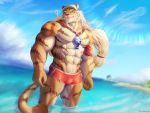  4:3 5_fingers abs absurd_res anthro beach biceps biped cancerdoge clothed clothing cloud day detailed_background english_text felid fingers fur green_eyes hair hat headgear headwear hi_res humanoid_hands long_hair male mammal multicolored_body multicolored_fur muscular muscular_anthro muscular_male muscular_thighs navel orange_body orange_fur pang pantherine partially_submerged pecs sdorica sdorica_sunset sea seaside signature solo striped_body striped_fur striped_tail stripes swimming_trunks swimwear text tied_hair tiger two_tone_body two_tone_fur water whistle white_body white_fur 