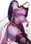  1girl arm_guards bangs black_gloves bodysuit breasts chorogon curvy fate/grand_order fate_(series) fingerless_gloves gloves highres katana large_breasts loincloth long_hair looking_at_viewer low-tied_long_hair minamoto_no_raikou_(fate/grand_order) parted_bangs purple_bodysuit purple_eyes purple_hair ribbed_sleeves rope smile solo sword tabard very_long_hair weapon 