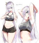  1girl absurdres anastasia_(fate) armpits arms_behind_head arms_up bangs bare_shoulders black_shorts blue_eyes blush bra breasts cleavage collarbone fate/grand_order fate_(series) grey_bra hair_over_one_eye hairband hanasaka_houcha highres large_breasts long_hair looking_at_viewer multiple_views navel open_mouth shorts silver_hair simple_background sports_bra sweat thighs underwear very_long_hair white_background 