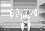  1girl bed blinders breasts cleavage covered_nipples greyscale highres livestream monochrome original ponytail recording shelf shorts shounan_no_tamasu sitting solo tank_top translation_request viewfinder volume_symbol waving window 