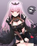  1girl asymmetrical_sleeves bangs belt black_cape black_dress breasts cape cleavage detached_sleeves dress eyebrows_visible_through_hair head_tilt heckler_kai highres hololive hololive_english large_breasts long_hair looking_at_viewer mori_calliope pink_eyes pink_hair scythe side_slit sitting smile solo spikes v_arms veil virtual_youtuber white_belt 