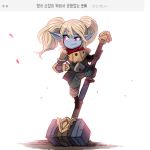  1:1 2018 armor blonde_hair blue_body cute_fangs female hair hammer humanoid humanoid_pointy_ears korean_text league_of_legends looking_aside mr.skull not_furry pink_eyes poppy_(lol) riot_games simple_background solo text tools video_games white_background yordle 