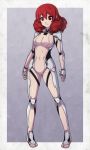  1girl android breasts chuunioniika cleavage commentary drill_hair drill_kill english_commentary fearless_night full_body highres long_hair medium_breasts no_toes original photoshop_(medium) quad_drills red_eyes red_hair solo standing symbol-shaped_pupils 