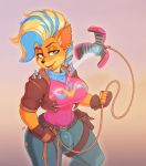  activision anthro bandicoot big_breasts big_bulge blonde_hair blue_eyes blue_hair bottomwear breasts bulge clothing crash_bandicoot_(series) daxzor fingerless_gloves gloves gradient_background gynomorph hair handwear hi_res intersex jacket jeans leather leather_jacket looking_at_viewer mammal marsupial multicolored_hair orange_background orange_body pants pirate_tawna rope shirt simple_background solo tawna_bandicoot technology thick_thighs topwear video_games 