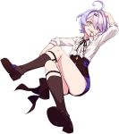  1girl ahoge arm_over_head artist_request biting collared_shirt diamond_(shape) full_body garters hair_between_eyes hair_ornament heterochromia honkai_(series) honkai_impact_3rd looking_at_viewer multicolored_hair neck_ribbon official_art pink_hair pocket_watch purple_eyes purple_hair ribbon sharp_teeth shirt sin_mal sitting sleeve_cuffs sleeves_past_elbows smile smug source_request striped striped_shirt teeth tomboy two-tone_hair watch yellow_eyes 