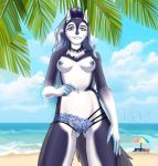  absurd_res anthro areola aurora_the_artic_water_pokegirl beach beach_umbrella breasts canid canine canis clothing cloud detailed_background female genitals hair hi_res kot9n9 long_hair mammal nipples nude panties plant pussy sand seaside sky solo tree underwear wave wolf 