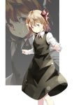  1girl black_skirt blonde_hair blouse bow collared_shirt dress_shirt feet_out_of_frame gorilla_(bun0615) hair_bow highres long_sleeves looking_to_the_side necktie open_mouth red_neckwear ribbon rumia shirt short_hair skirt solo touhou vest white_shirt yellow_eyes zoom_layer 