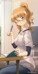  1girl bangs black_pants black_shirt blunt_bangs casual closed_mouth commentary_request curtains eyebrows_visible_through_hair from_side girls_und_panzer glasses grey_shirt holding holding_pen indoors light_frown long_hair long_sleeves looking_at_viewer nakasawa_kei notebook orange_eyes orange_hair pants partial_commentary pen red-framed_eyewear semi-rimless_eyewear shirt short_over_long_sleeves short_ponytail short_sleeves sidelocks sitting solo table takebe_saori television twitter_username under-rim_eyewear 