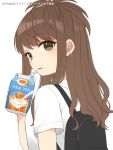  1girl backpack bag brown_eyes brown_hair drinking_straw drinking_straw_in_mouth ear_piercing earrings english_text highres jewelry lipton long_hair original piercing solo tea upper_body uramakaron white_background 