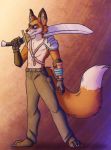  2020 anthro blade canid canine claws clothed clothing eyebrows fox gloves goldendove-thejackal handwear looking_at_viewer male mammal melee_weapon muscular muscular_anthro muscular_male nails paws red_fox shoulder_pads simple_background solo straps straps_across_chest sword topless weapon 