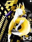  anthro breasts claws clothed clothing detailed_background digimon digimon_(species) female fluffy fluffy_tail fur hi_res knightmoonlight98 multicolored_body multicolored_fur partially_clothed renamon solo two_tone_body two_tone_fur white_body white_fur yellow_body yellow_fur 