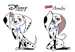  101_dalmatian_street 101_dalmatians 3_fingers 3_toes 4chan anthro black_body black_fur black_nose blush breasts butt canid canine canis collar comparison curled_tail dalmatian digitigrade disney dolly_(101_dalmatians) domestic_dog ear_over_eye english_text eyelashes featureless_chest feral fingers fur hand_on_chest hi_res looking_at_viewer male mammal markings simple_background smile solo text toes unknown_artist white_background white_body white_fur 