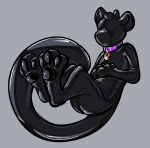  ambiguous_gender anthro big_tail black_clothing black_pawpads bound clothing collar collar_tag encasement faceless felid foot_focus glistening grey_background hand_on_chest legs_together mammal pantherine pawpads purple_collar reclining rubber rubber_suit simple_background snow_leopard solo tallarra terrev 