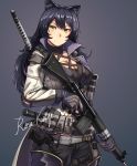  1girl animal_ears artist_name assault_rifle black_hair blake_belladonna breasts cat_ears cat_girl cleavage cowboy_shot gloves grey_background gun hair_between_eyes handgun highres holding holding_gun holding_weapon holster holstered_weapon large_breasts long_hair looking_at_viewer magazine_(weapon) pistol rifle rosa_katze rwby simple_background solo standing sword watermark weapon yellow_eyes 