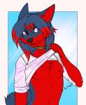  anthro blue_body blue_fur canid canine canis clothing collar f-r95 fur girly hi_res male mammal marky(wolfy-k) purple_eyes red_body red_fur shirt solo t-shirt topwear wolf wolfy-k 