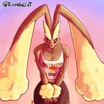  1:1 5_fingers anthro black_sclera bottomwear breasts brown_body brown_fur clothed clothing exoskellet female fingers floppy_ears fluffy fur hi_res looking_at_viewer lopunny nintendo pok&eacute;mon pok&eacute;mon_(species) shirt simple_background solo tank_top topwear video_games 
