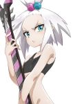  1girl aqua_eyes breasts closed_mouth commentary_request covered_nipples eyelashes guitar hair_bobbles hair_ornament highres holding holding_instrument igana_asonerikes instrument pokemon pokemon_(game) pokemon_bw2 roxie_(pokemon) shiny shiny_skin small_breasts solo sports_bra topknot v-shaped_eyebrows white_hair 