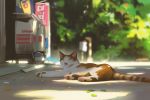  animal animal_ear_fluff animal_focus blurry blurry_background cat closed_eyes closed_mouth commentary day depth_of_field english_commentary engrish_commentary facing_viewer freezer highres leaf no_humans on_ground original outdoors sketch snatti striped_tail tail 