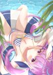  1girl :o absurdres aqua_hair azuremo bangs bikini blue_hair blue_ribbon blunt_bangs blush braid breasts cleavage colored_inner_hair drill_hair dutch_angle floating french_braid from_above front-tie_bikini front-tie_top full_body hair_ribbon halter_top halterneck highres hololive innertube large_breasts long_hair looking_at_viewer minato_aqua multicolored_hair purple_eyes purple_hair ribbon sidelocks sitting solo streaked_hair striped striped_bikini striped_swimsuit summer sunlight surprised swimsuit tied_hair tropical twin_braids twin_drills twintails two-tone_hair virtual_youtuber 