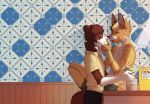  anthro bedroom_eyes blush bodily_fluids breakfast canid canine canis cereal_box clothing domestic_cat domestic_dog duo felid feline felis fenzole_(artist) hand_on_face holding_face imminent_kiss kitchen male male/male mammal narrowed_eyes nervous seductive sweat ych_result zilya-lya 