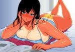  1girl arm_support bikini black_hair blue_shirt blush breasts cleavage collarbone commentary large_breasts legs_up long_hair looking_at_viewer lying on_stomach original parted_lips shirt skindentation solo sweat swimsuit tan tank_top tanline yellow_bikini youshu_ohepe 