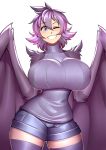  1girl cowboy_shot curvy denim denim_shorts grin harpy highres monster_girl narrow_waist one_eye_closed original purple_eyes purple_hair rd_rn00 shorts simple_background skindentation sleeveless sleeveless_sweater sleeveless_turtleneck smile solo sweater thighhighs turtleneck turtleneck_sweater white_background wings 