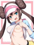  1girl areola_slip areolae arisu_kazumi bandaid bandaids_on_nipples blue_eyes blush bow breasts brown_hair commentary_request double_bun eyelashes lifted_by_self long_hair looking_at_viewer one_breast_out open_mouth pasties pink_bow pokemon pokemon_(game) pokemon_bw2 raglan_sleeves rosa_(pokemon) shirt shirt_lift smile solo twintails visor_cap 