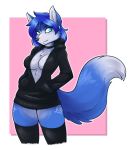  2020 ambris anthro black_clothing black_sweater black_topwear blue_body blue_eyes blue_hair breasts canid canine chest_tuft cleavage clothed clothing diamond_(disambiguation) ear_piercing ear_ring female fluffy fluffy_tail fox hair krystal mammal nintendo piercing smile solo star_fox sweater tattoo topwear tuft video_games 
