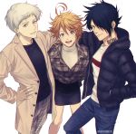  1girl 2boys :d ahoge arm_around_neck black_hair black_jacket black_shirt black_skirt blue_eyes blue_pants brown_coat closed_mouth coat collared_shirt commentary_request cowboy_shot emma_(yakusoku_no_neverland) green_eyes grey_background hair_between_eyes hair_over_one_eye hand_in_pocket hand_on_hip jacket looking_at_viewer mashima_shima multiple_boys neck_tattoo norman_(yakusoku_no_neverland) number_tattoo open_clothes open_coat open_jacket open_mouth orange_hair pants parted_lips pencil_skirt plaid plaid_pants plaid_shirt ray_(yakusoku_no_neverland) shirt short_hair simple_background skirt smile standing sweater tattoo teeth turtleneck turtleneck_sweater twitter_username white_hair white_shirt white_sweater yakusoku_no_neverland 