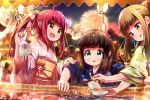  animal aqua_eyes asahina_kokomi battle_girl_high_school brown_eyes brown_hair festival fireworks fish fujimiya_sakura hasumi_urara japanese_clothes kimono red_eyes red_hair summer tamanegi_(12030028) water 