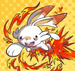  :d absurdres bunny commentary english_commentary fire gen_8_pokemon harlequinwaffles highres jumping no_humans open_mouth orange_background pokemon pokemon_(creature) polka_dot polka_dot_background scorbunny signature smile solo star_(symbol) starter_pokemon upper_teeth 