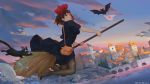  1girl animal anson_zheng bag bare_arms bat bird black_cat black_dress black_legwear bob_cut bow bridge broom broom_riding brown_hair building cat cloud dress dutch_angle floating_hair flying from_side hair_bow hairband highres holding holding_broom jiji_(majo_no_takkyuubin) kiki majo_no_takkyuubin no_shoes open_mouth outdoors panties panties_removed pantyhose print_panties red_bow ribbon river satchel seagull short_hair short_sleeves sky tears torn_clothes torn_legwear twilight underwear water witch 