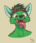  2020 accessory ambiguous_gender anthro biped brown_eyes canid canine canis cheek_tuft dated digital_drawing_(artwork) digital_media_(artwork) domestic_dog duke_the_doggo_(mrjaxx99) facial_tuft fangs flower flower_crown flower_in_hair front_view fur fur_tuft green_body green_fur green_hair green_nose grey_background grey_text hair hair_accessory happy head_tuft headshot_portrait hi_res inner_ear_fluff looking_at_viewer lunlunfox mammal mostly_nude number open_mouth open_smile plant portrait short_hair signature simple_background smile solo tan_tongue teeth tongue tongue_out tuft uvula wide_eyed 